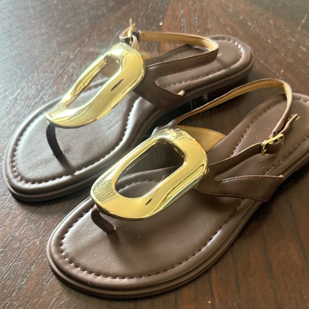 Talbots Brown Sandals with Metallic Gold Detail